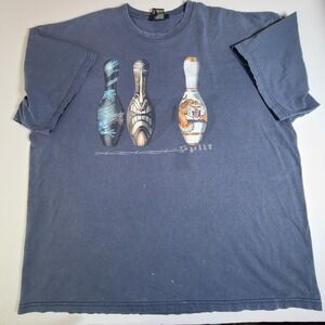 No Boundaries Mens XL Blue T Shirt Graphic Print Bowling Pins Tiki Tiger Split